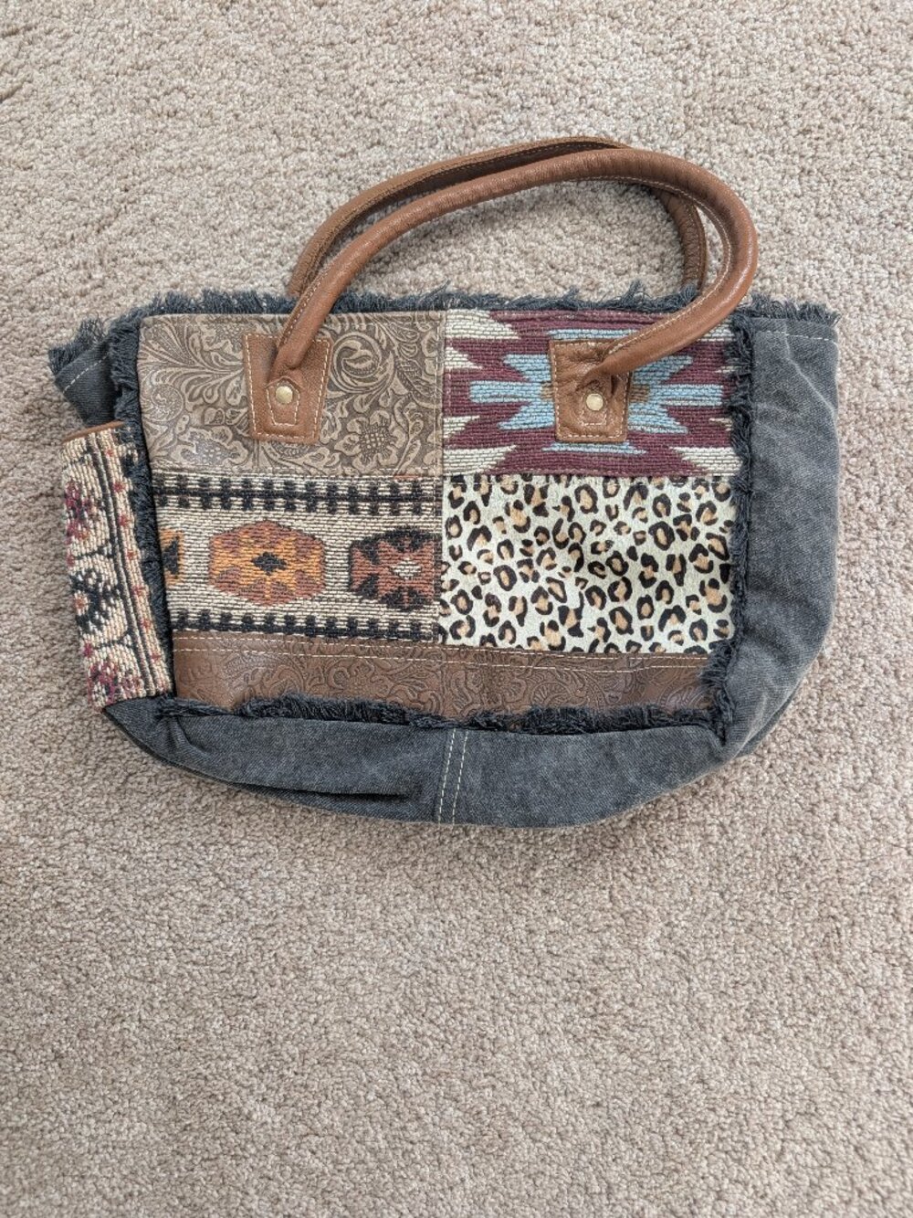 Myra Bag Boho Patchwork Leopard Print Tote Handbag